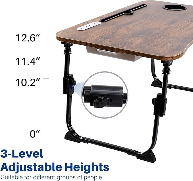 BYMECOST Laptop Desk for Bed, Height Adjustable Laptop Bed Table, Foldable Portable Lap Desk Stand with USB/Storage Drawer/Cup Holder/Slot, Breakfast Tray for Working Reading Writing Eating