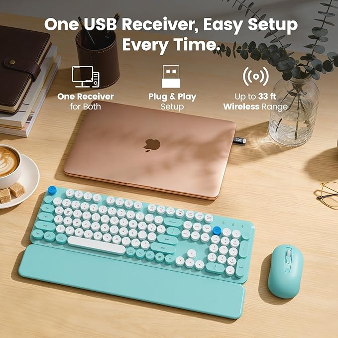 Wireless Keyboard and Mouse Combo with Magnetic Wrist Rest, Round Keycaps, Full-Size Retro Typewriter-Style Keyboard, Two-Stage Tilt Legs, Auto-Sleep, 2.4GHz Wireless for Windows PC Laptop, Aqua Blue