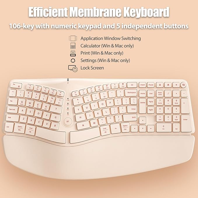 Bow Split Ergonomic Keyboard Wireless with Cushioned Wrist & Palm Rest, Wireless 2.4G/Bluetooth/Wired USB-C, Comfortable Natural Typing, Compatible with Windows/Mac/PC/Laptop, Milk Tea