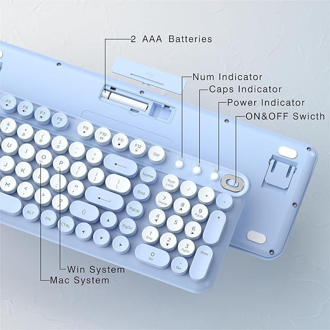 Wireless Keyboard and Mouse Combo, Full-Size Retro Typewriter Keyboard Style, 2.4GHz USB Receiver, Plug-and-Play, Keyboard Mouse Set for Computer, Laptop, Windows, Mac, and PC (Blue)