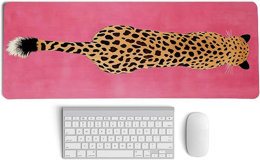 Pink Boho Cheetah Decor Desk Mat,XL Large Bold Leopard Animal Mouse Pad,Vibrant Retro Pop Art Cat Mousepad for Home Office Dorm Desktop Decor,31.5x11.8 Inch