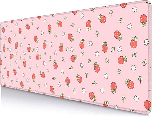 Pink Cute Desk Mat, Strawberries Mouse Pad XL, Aesthetic Hearts Desk Pad, Pastel Kawaii Deskmat, Laptop Office Gaming Computer Home Mice Mat Mousepad Stylish Office Gift, 31.5 X 11.8 Inch