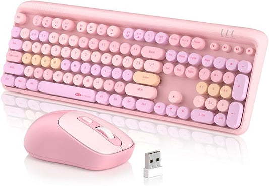 MageGee V920 Wireless Keyboard and Mouse Combo, 2.4G Full-Sized Retro Typewriter Keyboard with Round Keycaps & Auto-Sleep Mode, Cute Computer Keyboard and Cordless Optical Mouse for Laptop/PC (Pink)