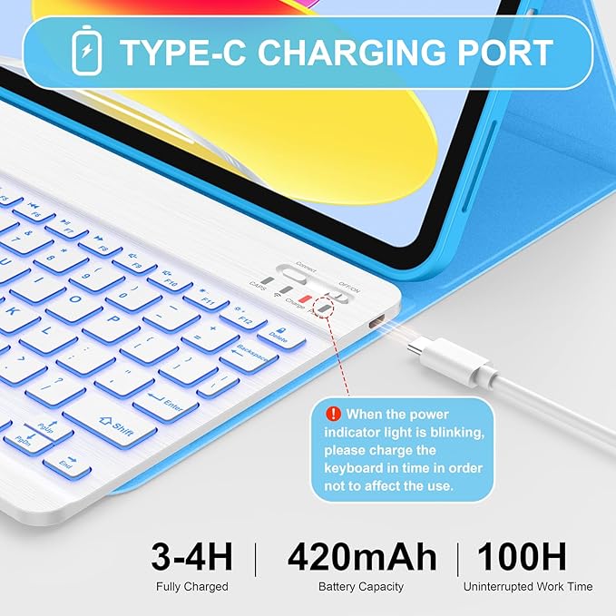 Soke for iPad (A16) 11th/10th Generation Case with Keyboard(2025/2022)-7 Color Backlight Wireless Detachable Folio Keyboard Cover with Built-in Pencil Holder for iPad 11/10.9 inch, Blue Marble