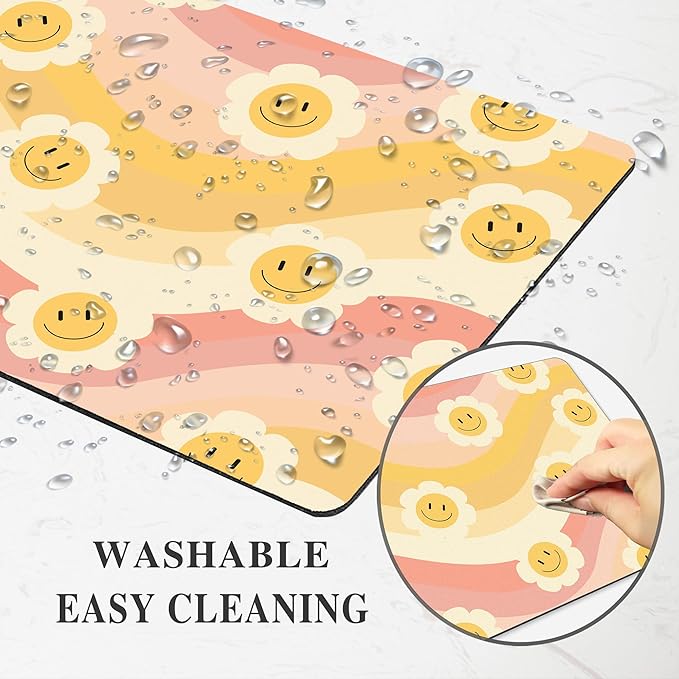 Smile Face Mouse Pad Desk Retro Orange Yellow Rainbow Cute Daisy Groovy Flower Mousepad Sun Floral Aesthetic Square Laptop Computer Office Small Portable Wireless Mat Accessories Girly Teacher