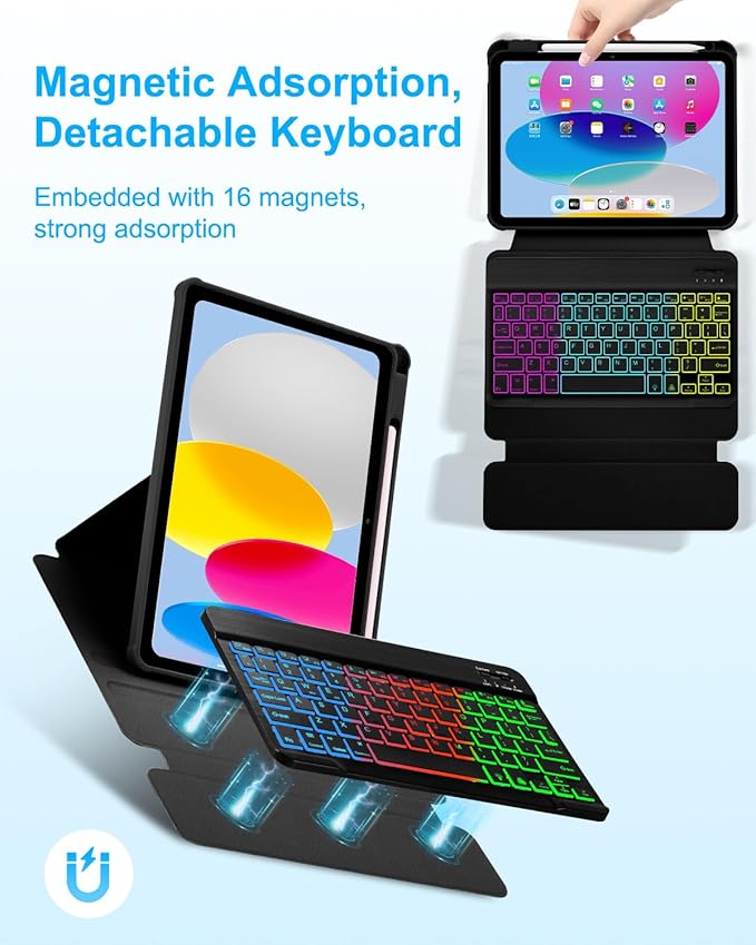 Case with Keyboard for iPad A16 11th 10th Generation 11/10.9 inch,Rainbow Backlit Detachable Keypad Rotatable Magnetic Cover with Pencil Holder for iPad 11 2025 10 Gen 2022 Black
