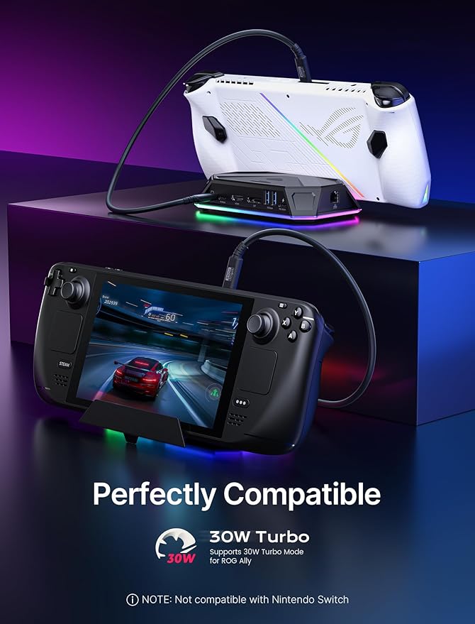JSAUX RGB Docking Station for Steam Deck (OLED)/ROG Ally/Legion Go, 12-in-1 Handheld Dock with 4K@120Hz HDMI & DisplayPort Gigabit Ethernet USB C 3.2 USB A 3.2/2.0, SD/TF Slots 3.5mm Jack-HB1201S