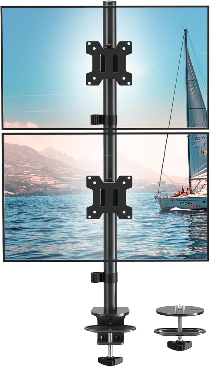 Stable Vertical Dual Monitor Stand, Stacked Monitor Mount for 2 Screens Up to 32 inch, Full Motion Monitor Desk Mount with Swivel, Tilt, Rotation, Holds 17.6 lbs Each, Max VESA 100x100mm