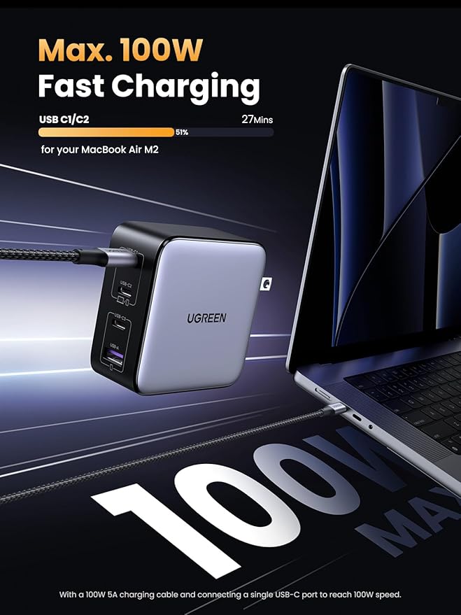 UGREEN Nexode 100W GaN USB C Charger, 4-Port Compact Foldable Fast Laptop Charger Power Adapter for MacBook Pro/Air, iPad Pro, iPhone 17/16/15 Series, Galaxy S25/S24, Pixel 10/9, Steam Deck, Pixelbook