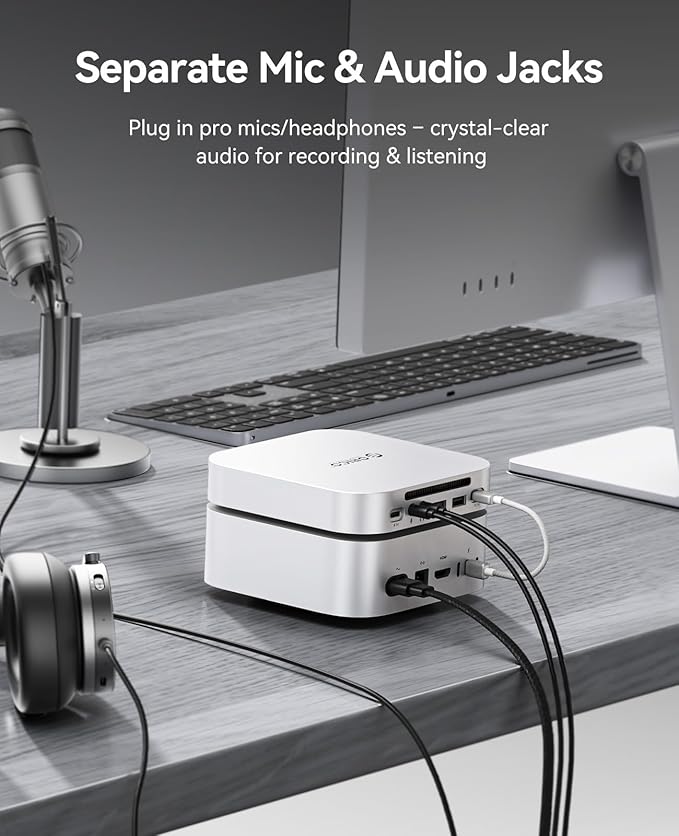 ORICO MiniLink Mac mini M4 Dock & Stand, Hub with 2 × USB 3.0 Ports (5Gbps), 2 × USB 2.0 Ports, SD/TF Card Readers (3.0), 3.5mm Headphone & Microphone Jacks, Compatible with Mac mini M4/M4 Pro (M48P)