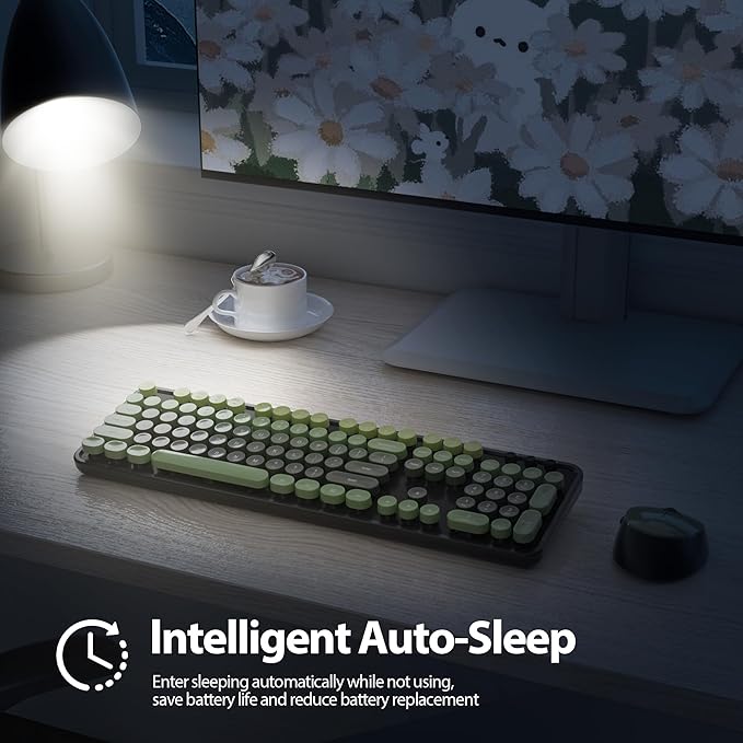 Black Green Keyboard and Mouse Combo Wireless, 2.4G Full Size 104-Key Retro Typewriter Keyboards Round Keys for Students Teenagers Home Office PC Laptop(Dark Green)
