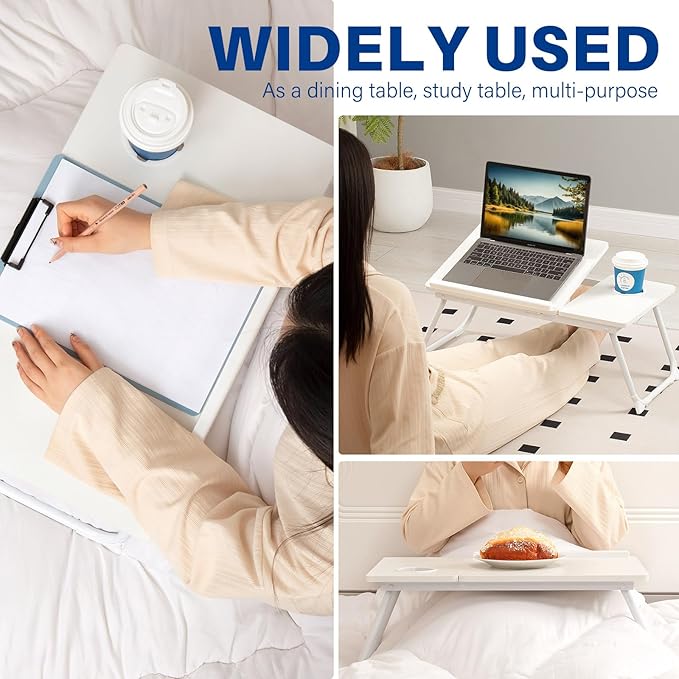 Laptop Desk for Bed Couch, Adjustable Foldable Bed Table with Cup Holder, Breakfast Serving Tray, Portable Laptop Lap Desk Stand for Working Reading Writing Eating Gaming in Bed Sofa Floor(White)