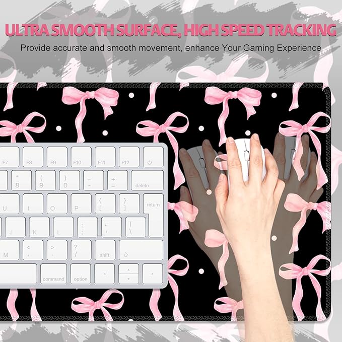 Desk Pad for Keyboard and Mouse, Large Mouse Pad for Desk, Non-Slip Keyboard Mat, Computer Mats for Desk, Cute Desk Pad with Stitched Edges for Office, Gaming I Black Pink Bow