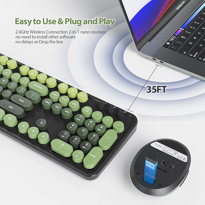 Black Green Keyboard and Mouse Combo Wireless, 2.4G Full Size 104-Key Retro Typewriter Keyboards Round Keys for Students Teenagers Home Office PC Laptop(Dark Green)