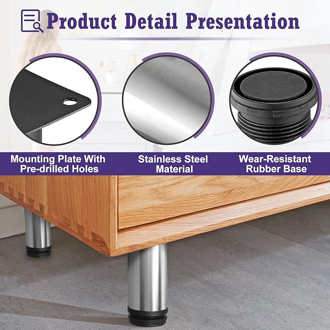 12 Inch Metal Furniture Legs Stainless Steel Adjustable Legs Silver Metal Legs Round Cabinet Legs for Coffee Table Cabinet Desk Sofa Shelves, Pack of 4