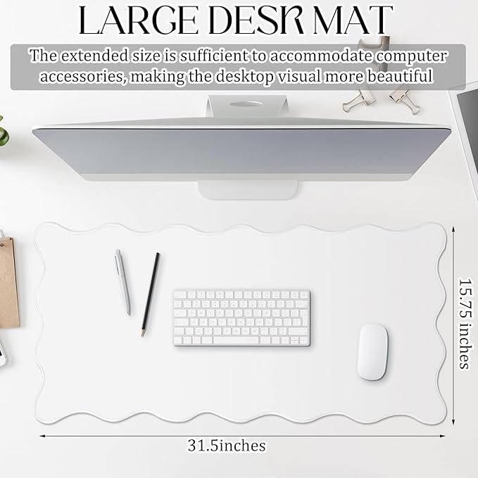 Scalloped Desk Mat Large Scalloped Piping Cute Desk Mat Aesthetic Preppy Table Pad Large Nonslip Pad with Edge Stitching Waterproof Gaming(White,31.5 x 15.75 Inches)