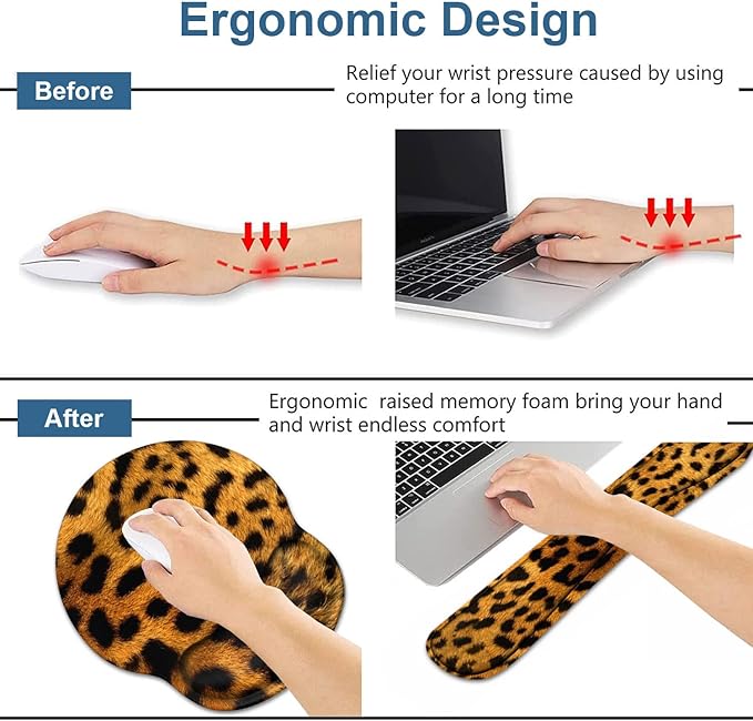 Keyboard Wrist Rest and Mouse Wrist Rest Pad Set with Coasters, Ergonomic Support, Non-Slip PU Base, Easy Typing and Relieve Wrist Pain, Perfect for Home Office Working Studying, Leopard Print
