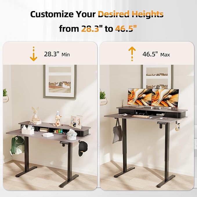 JOY worker Height Adjustable Electric Standing Desk with Storage Shelves, 48 Inch Table with Built-in Monitor Stand, Sit Stand Desk with 2 Hooks for Home Office, Grey Desktop & Black Frame