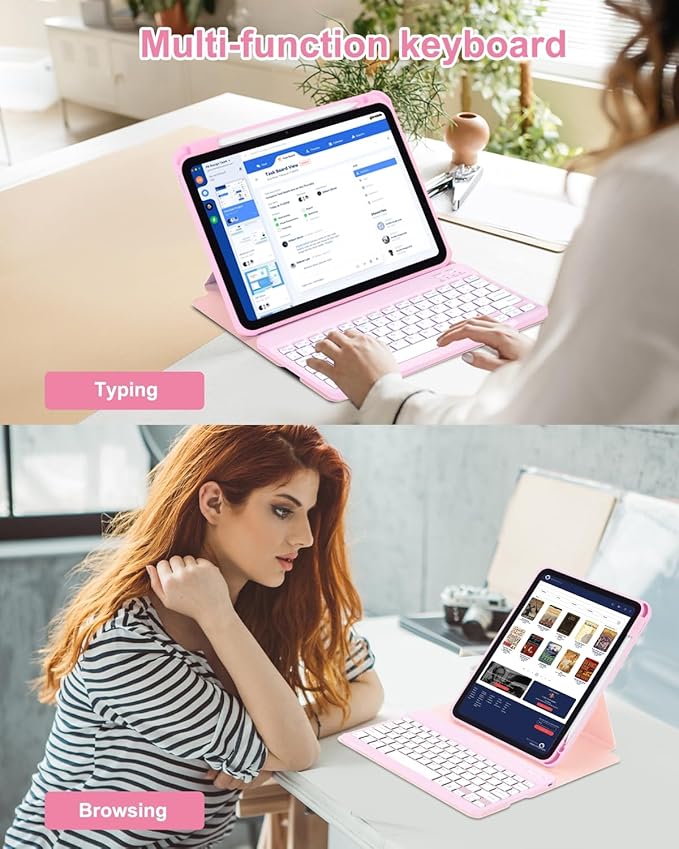 Case with Keyboard Mouse for iPad A16 11th 10th Generation 11/10.9 inch,Rainbow Backlit Detachable Keypad Rotatable Magnetic Cover with Pencil Holder for iPad 11 2025 10 Gen 2022 Pink