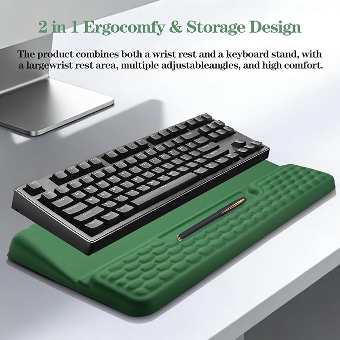 Keyboard Stand with Wrist Rest, Computer Wrist Support Pad, Ergonomic Comfy Tilted Keyboard Holder Lift Tray with Wrist Pad, Soft Memory Foam Desk Cushion for Office Home (Green)