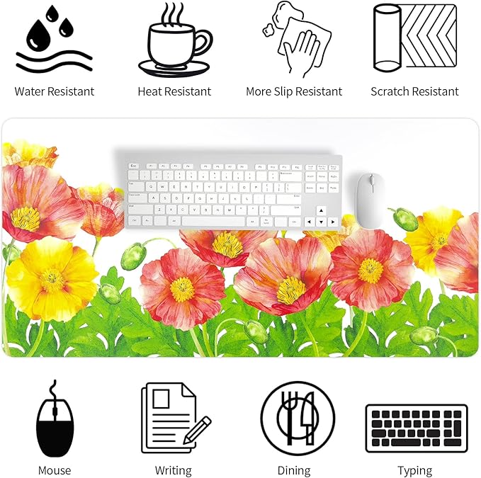 Bloss Desk Mat Field Poppy, Leather Desk Pad, Desk Matt for Desktop, Waterproof Desk Pad Mat, Computer Mat for Office/Home/Decor/Desk Protector(31.5 x 15.7 Inches)