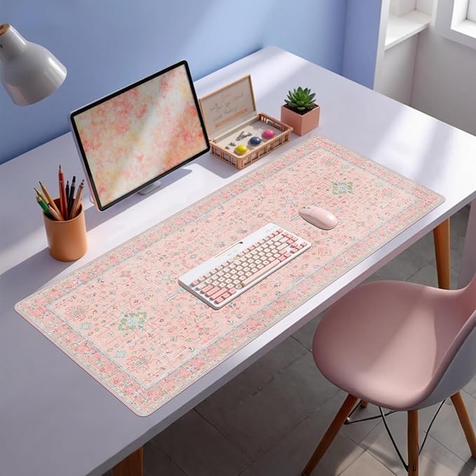 Baziabbo Pink Floral Desk Mat,XXL Extended Big Mouse Pad,Gaming Mousepad with Stitched Edge,Non-Slip Rubber Base Keyboard Desk Pad for Home Office Study Game