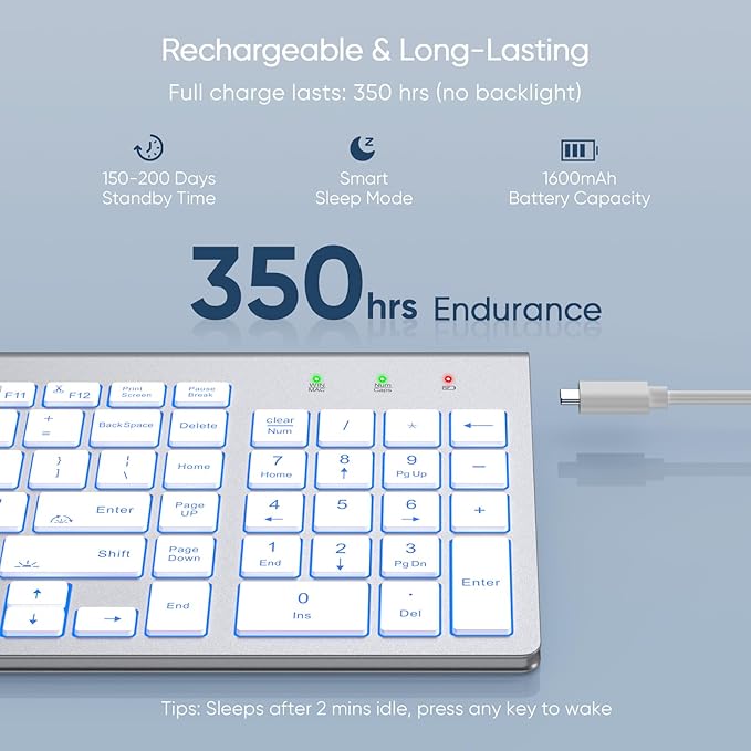 SABLUTE Wireless Keyboard with 7 Colored Backlits, Rechargeable Silent Compact Cordless Computer Keyboard with Low Profile Quiet Light Up Keys for Windows, PC, Linux, Chrome, Mac (Silver)