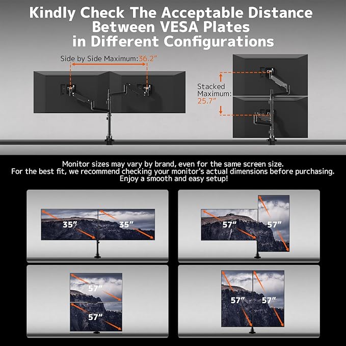 Dual Monitor-Arm Heavy-Duty for 17-57-Inch Screens - 23.8'' Tall Vertical Dual Monitor Mount, Fully Adjustable Stacked Double Monitor Desk Mount Stand, Max Load 44 lbs/Screen, VESA 75/100 mm, Black