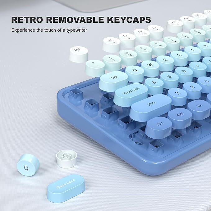 Computer Keyboard Wired, Plug and Play USB Retro Round Typewriter Keyboard, Full Size Wired Keyboard with Foldable Stands for Laptop and Office PC- Blue Gradient