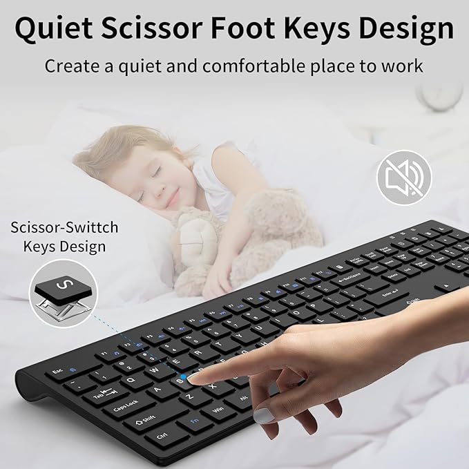 Wireless Keyboard, 2.4G USB Slim Silent Cordless Keyboard for Windows Chrome Laptop Computer PC Desktop Notebook Chromebook, 12 Multimedia Keys, Fn Lock, 110 Keys Full Size with Number Pad - Black ﻿