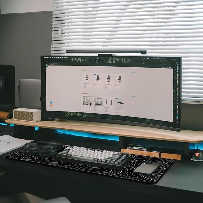 Large Computer Mouse Pad with Non-Slip Base for Desktop, Cute Gaming Mouse Mat with Stitched Edges, Long Extended Anime Mousepad for Laptop, 31.5 x 11.8 inches (Black Topographic Map)