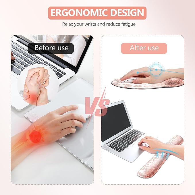 iLeadon Mouse Pad Set, Desk Mat + Mouse Pad with Wrist Rest + Keyboard Wrist Rest + Coaster, 4in1 Glitter Leopard Mouse and Keyboard Pad Set for Home Office, Pink Rose Gold Leopard