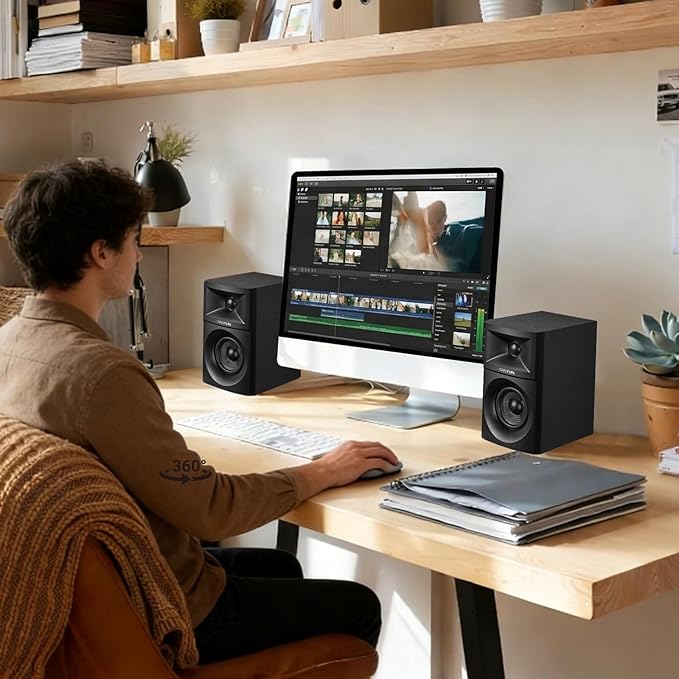 Sanyun SW203 4.0 Computer Speakers - 60W 4-Way DSP Control 3D Immersive Sound - 3" Carbon Fiber Woofer & 20mm Silk Dome Tweeter - 24bit DAC USB/Bluetooth 5.4/AUX - Studio-Grade Audio (Pair, Black)