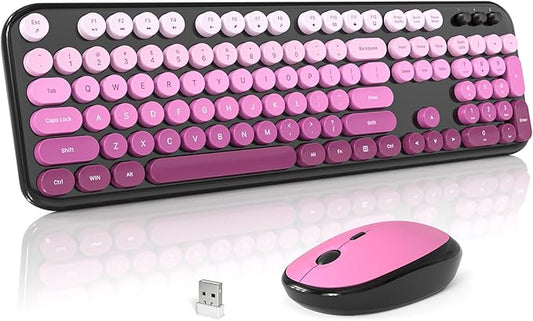 MOFII Wireless Keyboard and Mouse Combo, Cute Keyboard Full Size and Wireless Mouse, 2.4GHz Retro Typewriter Keyboard Mouse Set for PC/Desktop/Laptop/Windows (Black Pink)