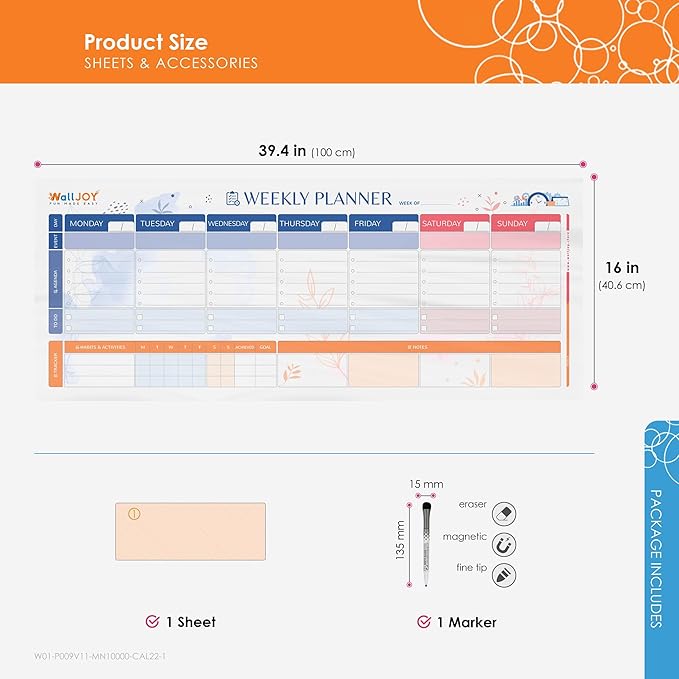 Dry Erase Calendar – 39.4x16” Weekly Dry Erase Board for Wall, Clear Weekly Planner Whiteboard, Adhesive-Free Calendar Whiteboard Sticks to Any Smooth Surface, Weekly Schedule Whiteboard
