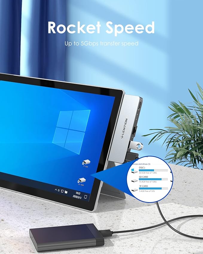 LENTION Surface Pro Dock, 5-in-1 Surface Pro 7 Hub, 4K@60Hz USBC to HDMI Hub, USB C to Gigabit Ethernet Hub, 2 x USB 3.0 Hub, PD 60W Type C Charging Port Hub(CS35, Silver)