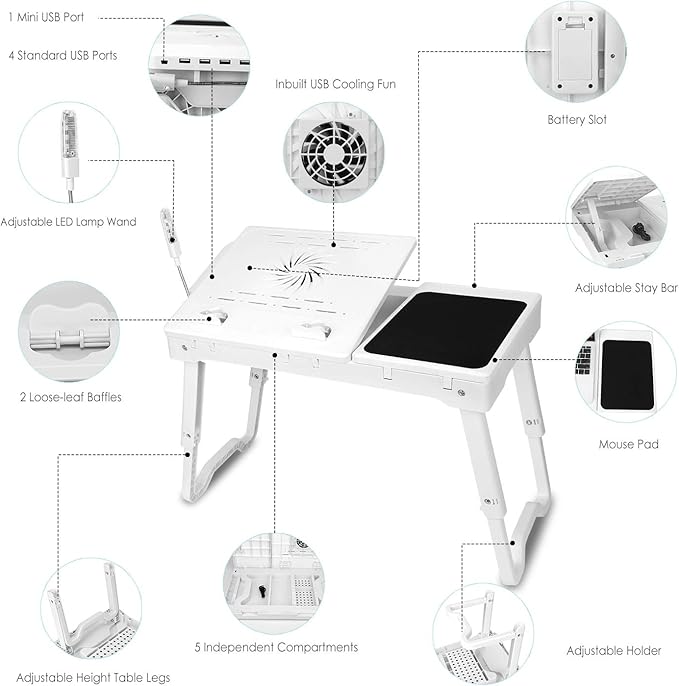 iMountek Laptop Table Bed Notebook Desk-Multi-Functional Laptop Bed Table Tray with Internal Cooling Fan, Laptop Desks with LED Light, 4 USB Ports, Storage, Mouse Pad (white)