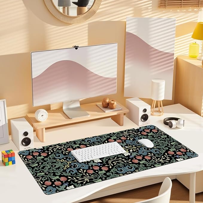 Desk Mat for Keyboard and Mouse, Large Non-Slip Mouse Pad Keyboard Pad, Computer Mats for Desktop, Desk Pad with Stitched Edges for Office, Gaming I Gothic Floral Morris Style