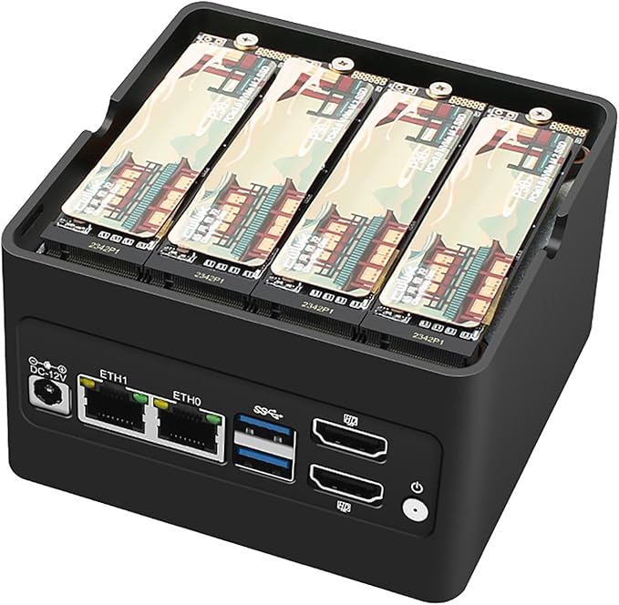 4-Bay NAS Twin Lake N355(8C/8T,up to 3.9 GHz),4X M.2 NVMe Slot Mini NAS Server with Dual i226-V 2.5GbE LAN,Dual HDMI 2.0,USB3.2 Gen2,Support BT5.4/WiFi6/WiFi7 Pocket PC (Intel N355, NO RAM NO SSD)
