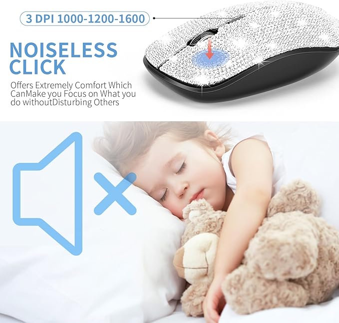 Dazzling Luxury Cute Keyboard and Mouse Wireless, Sparkly Bling Rhinestone Wireless Mouse and Keyboard Gift Set (Silver)