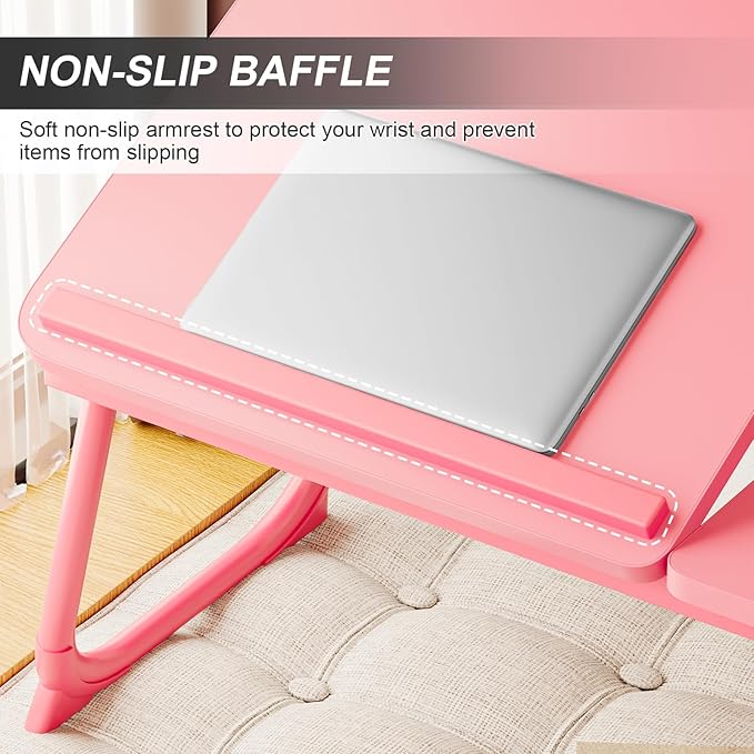 Laptop Desk for Bed, Adjustable Laptops Stand with 5 Adjustable Angles, Portable Lap Tray Table with Cup Holder, Laptop Bed Desk Tray for Eating Working Writing Reading (Pink)