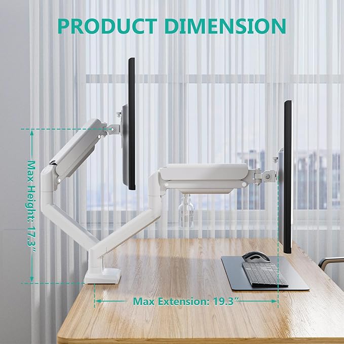 WALI Dual Monitor Stand, Adjustable Gas Spring Arm Monitor Mount for 2 Monitors up to 32 Inch,19.8lbs Capacity (GSMP002W), White by WALI