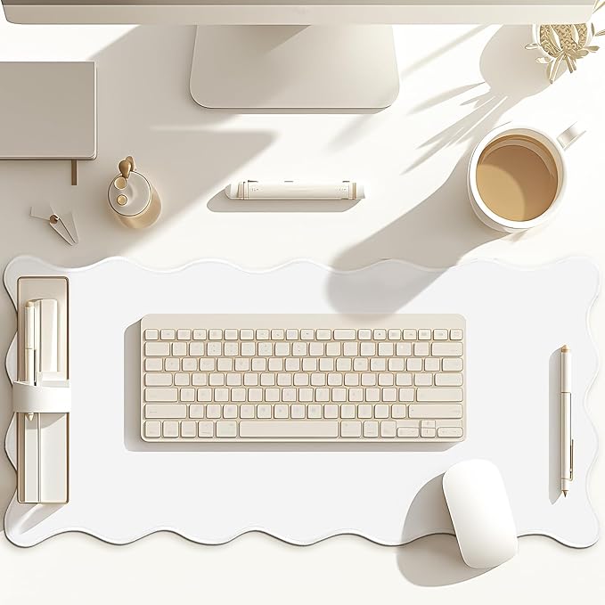 Scalloped Desk Mat Large Scalloped Piping Cute Desk Mat Aesthetic Preppy Table Pad Large Nonslip Pad with Edge Stitching Waterproof Gaming(White,23.62 x 13.78 Inches)
