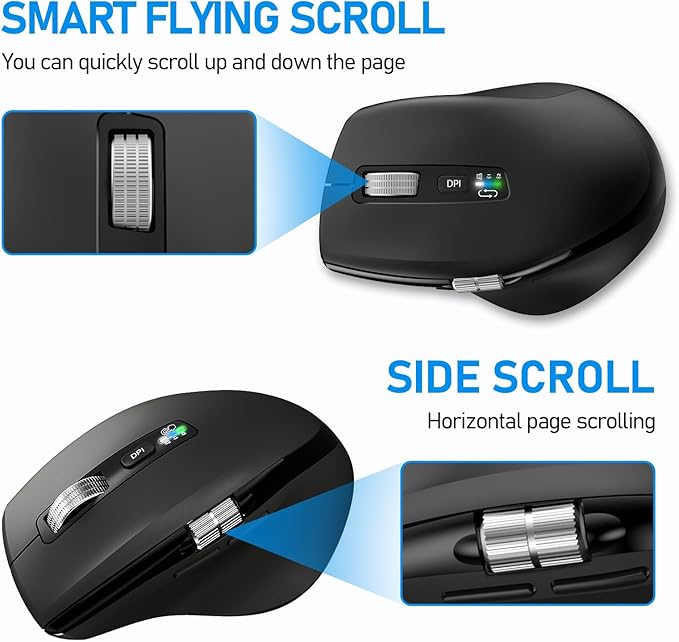 Wireless Bluetooth Side Scroll Mouse with Multi-Device, Ergonomic Computer Mice with Smart Flying Scroll, Quiet Click 4-Level DPI for Computer, Laptop, iPad, Tablet, MacBook (Black)