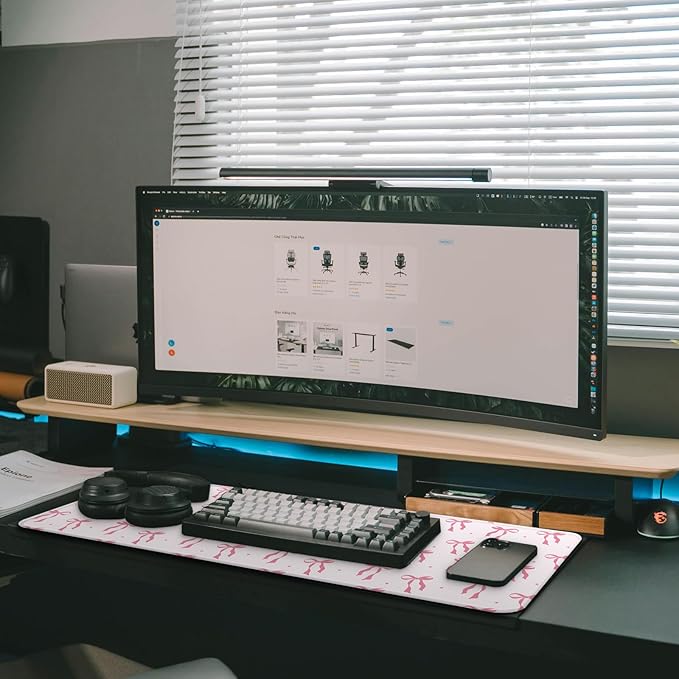Large Computer Mouse Pad with Non-Slip Base for Desktop, Cute Gaming Mouse Mat with Stitched Edges, Long Extended Anime Mousepad for Laptop, 31.5 x 11.8 inches (Pink Ribbon Bow)