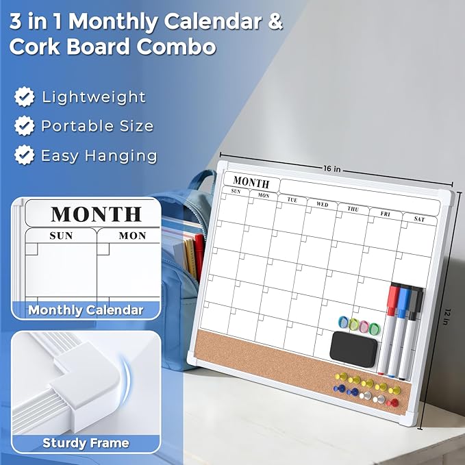MaxGear Monthly Calendar Whiteboard Dry Erase Cork Board for Wall, 16"x12" Double-Sided Dry Erase White Board Calendar with Bulletin Board, Hanging Dry Erase Board for Office, Home, School