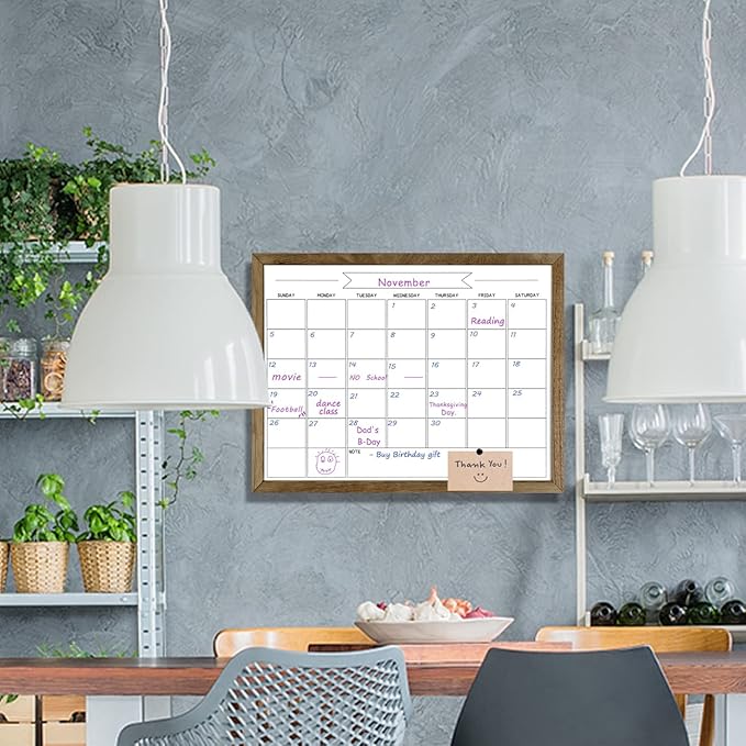 Dry Erase Monthly Calendar Whiteboard, Magnetic Surface White Board for Wall, Office/School/Home, Solid Pine Wood Rustic Brwon Frame Hanging Board & Planning Board, 13"x 17" (YL-RB-3343-B)