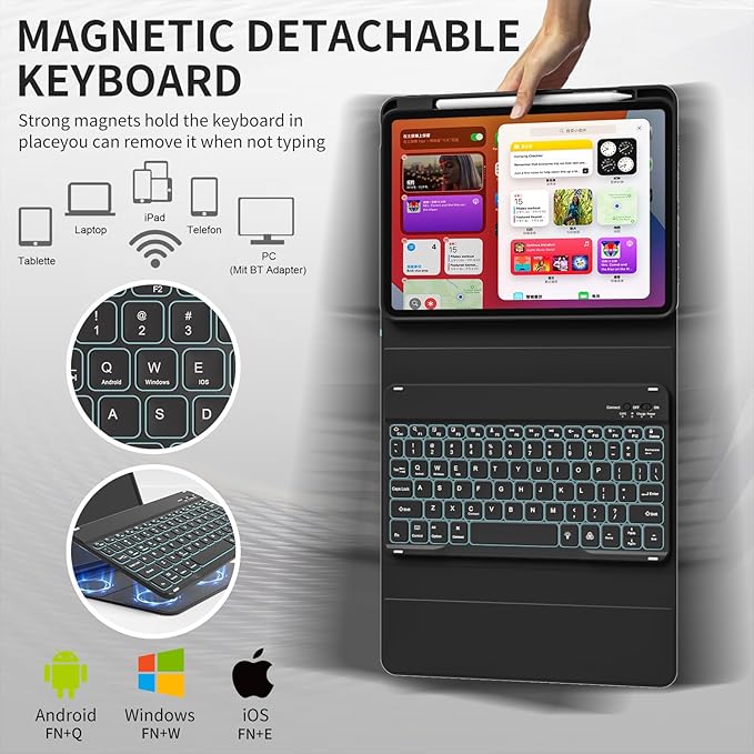 for iPad (A16) 11th Generation 2025 11-inch/10th Generation 2022 10.9 inch with Keyboard, 7 Colors Backlit Square Keycaps, Detachable Wireless Bluetooth Keyboard Case with Pencil Holder, Black