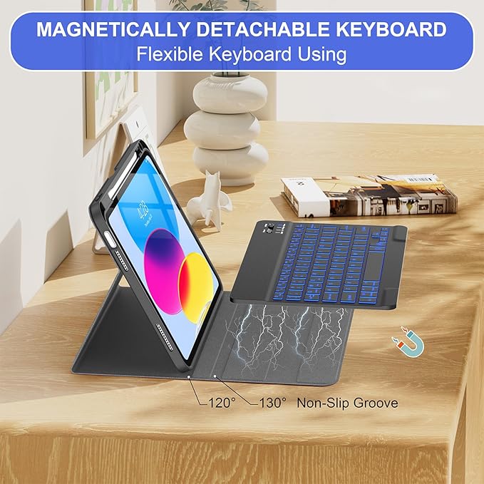 Soke for iPad (A16) 11th/10th Generation Case with Keyboard(2025/2022)-7 Color Backlight Wireless Detachable Folio Keyboard Cover with Built-in Pencil Holder for iPad 11/10.9 inch, Ebony
