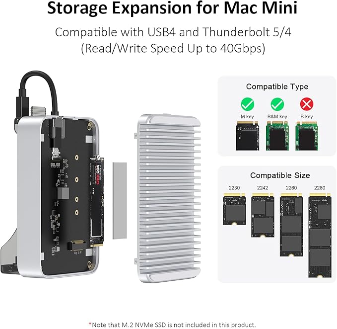 Qwiizlab 40Gbps Mac mini M4/M4 Pro Stand Hub with NVMe SSD Enclosure, Docking Station with USB-C 10Gbps, USB-A 10Gbps, TF/SD 4.0 Card Readers 312MB/s, USB-A 2.0, Fits M.2 PCIe up to 8TB